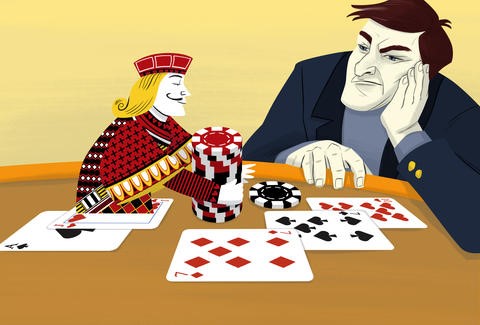 Dealer, Karten, Chips und ein nachdenklicher Spieler